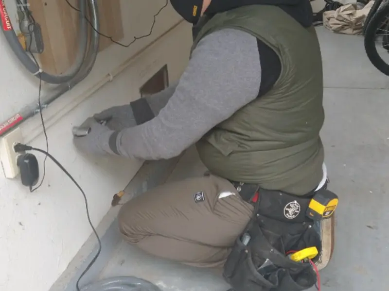 Electrician performing outlet wiring in a Sunbury garage